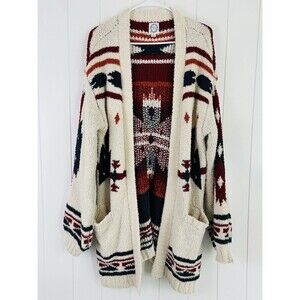 Blue Rain Cream, Burgundy & Navy Tribal Open-Front Cardigan